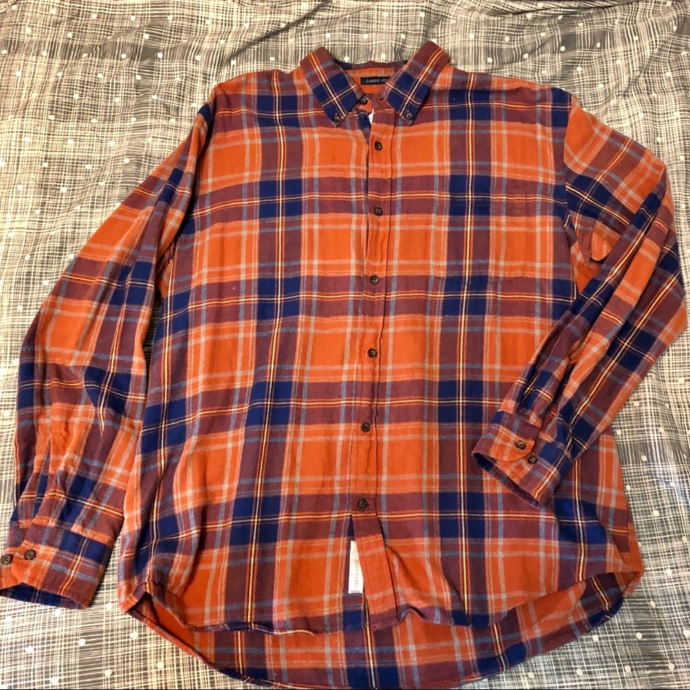 Orange / Navy Blue Flannel Plaid Shirt